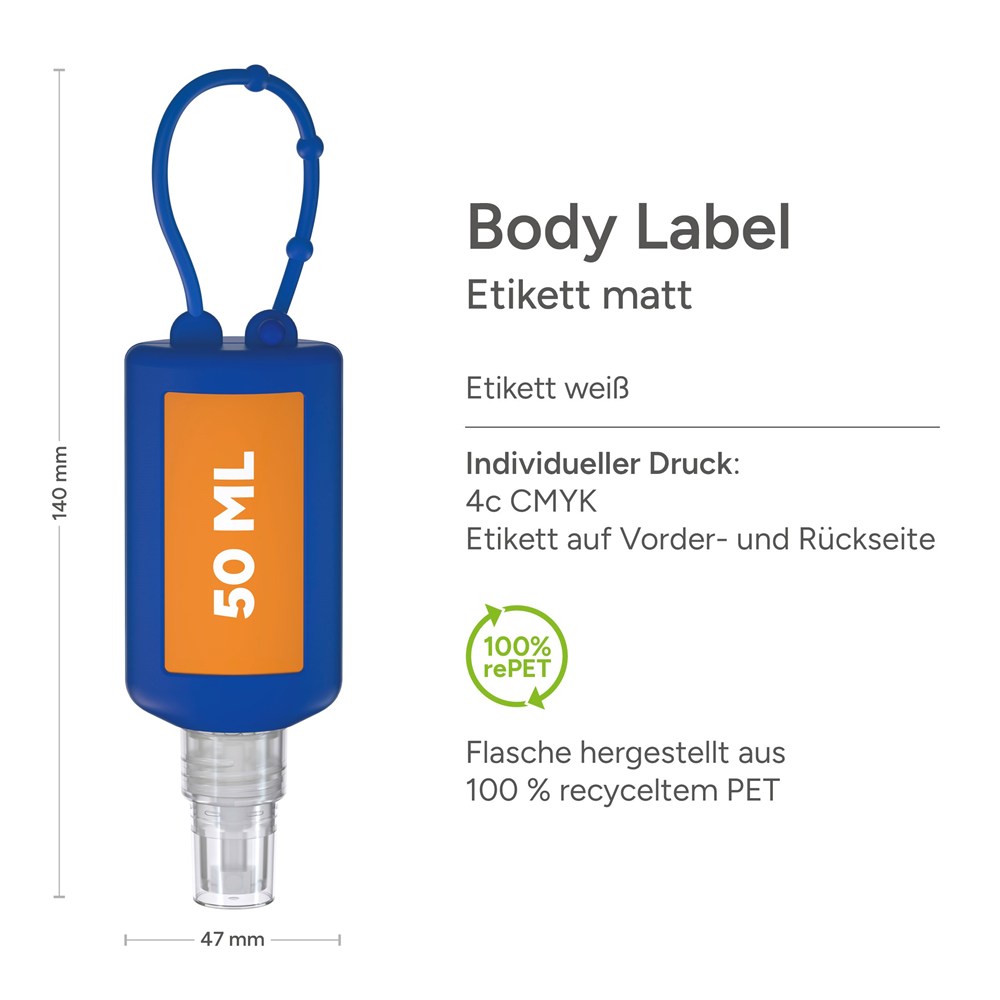 Hände-Desinfektionsspray (DIN EN 1500), 50 ml Bumper blau, Body Label (R-PET)