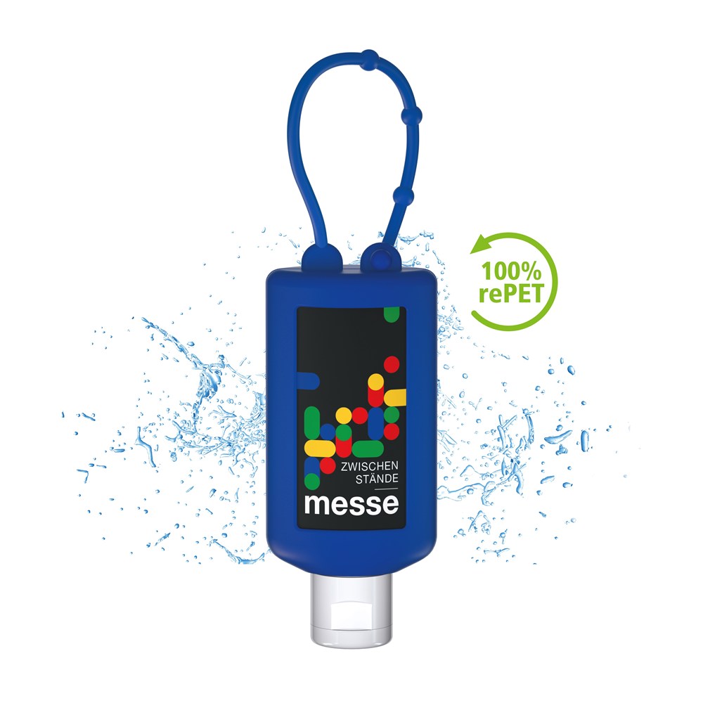 Hände-Desinfektionsgel (DIN EN 1500), 50 ml Bumper blau, Body Label (R-PET)