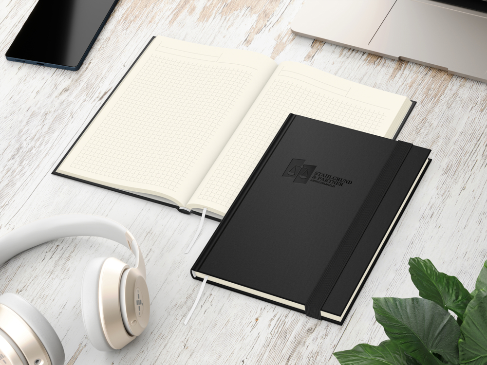 Notizbuch Visco-Book, Creme, Winkelkaro, schwarz, Prägung schwarz-glänzend