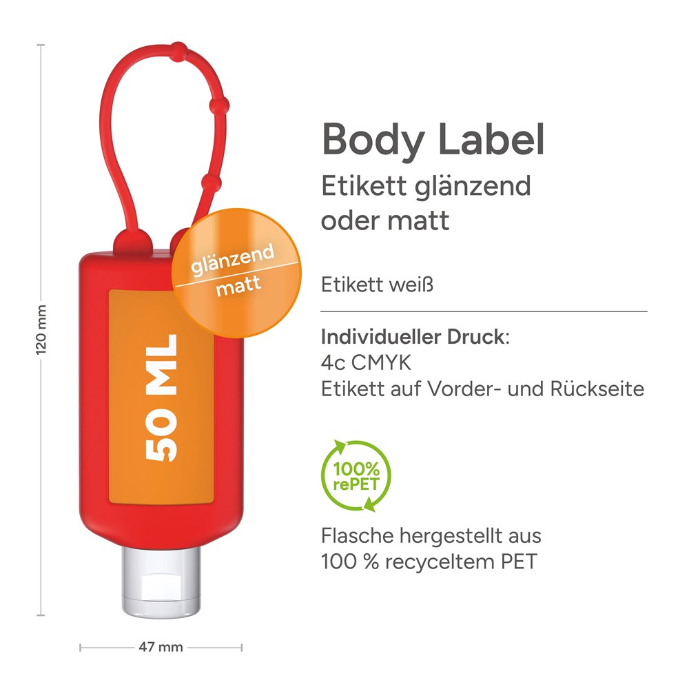 Hände-Desinfektionsgel (DIN EN 1500), 50 ml Bumper rot, Body Label (R-PET)
