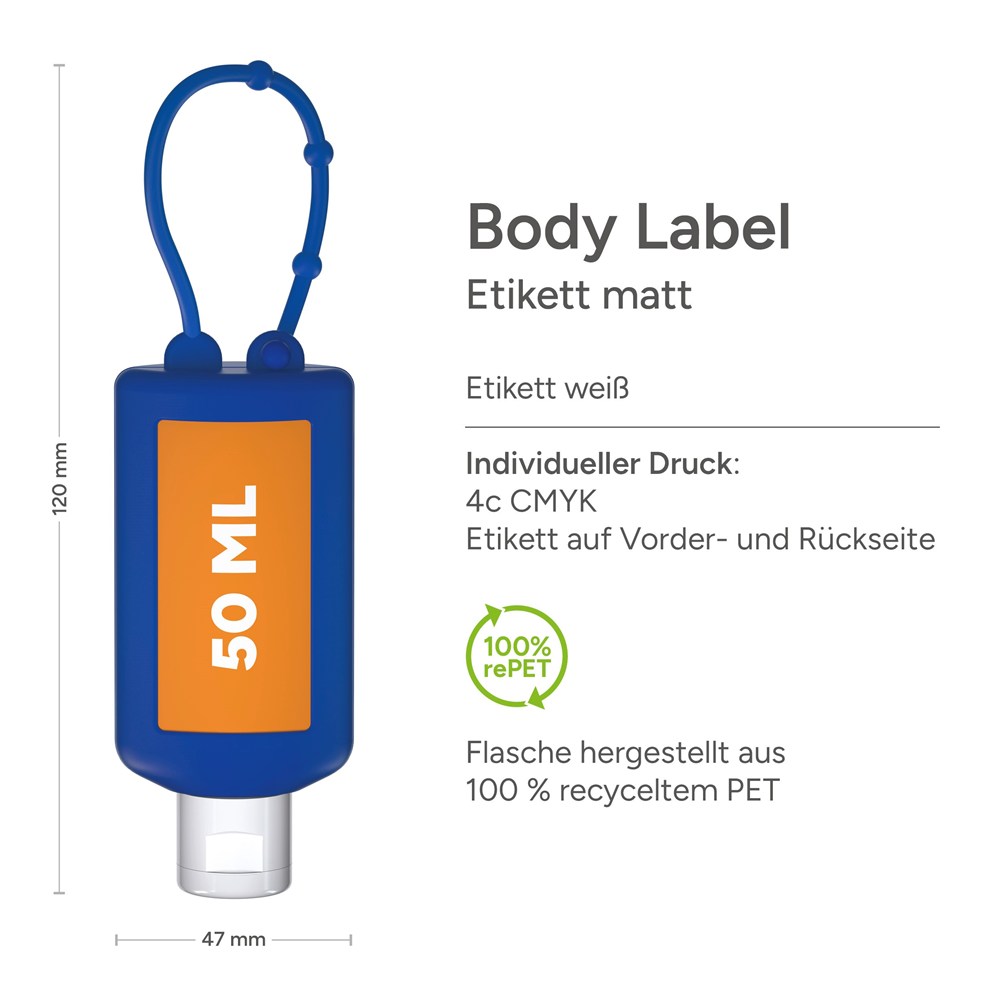 Sonnenmilch LSF 30 (sens.), 50 ml Bumper (blau), Body Label (R-PET)