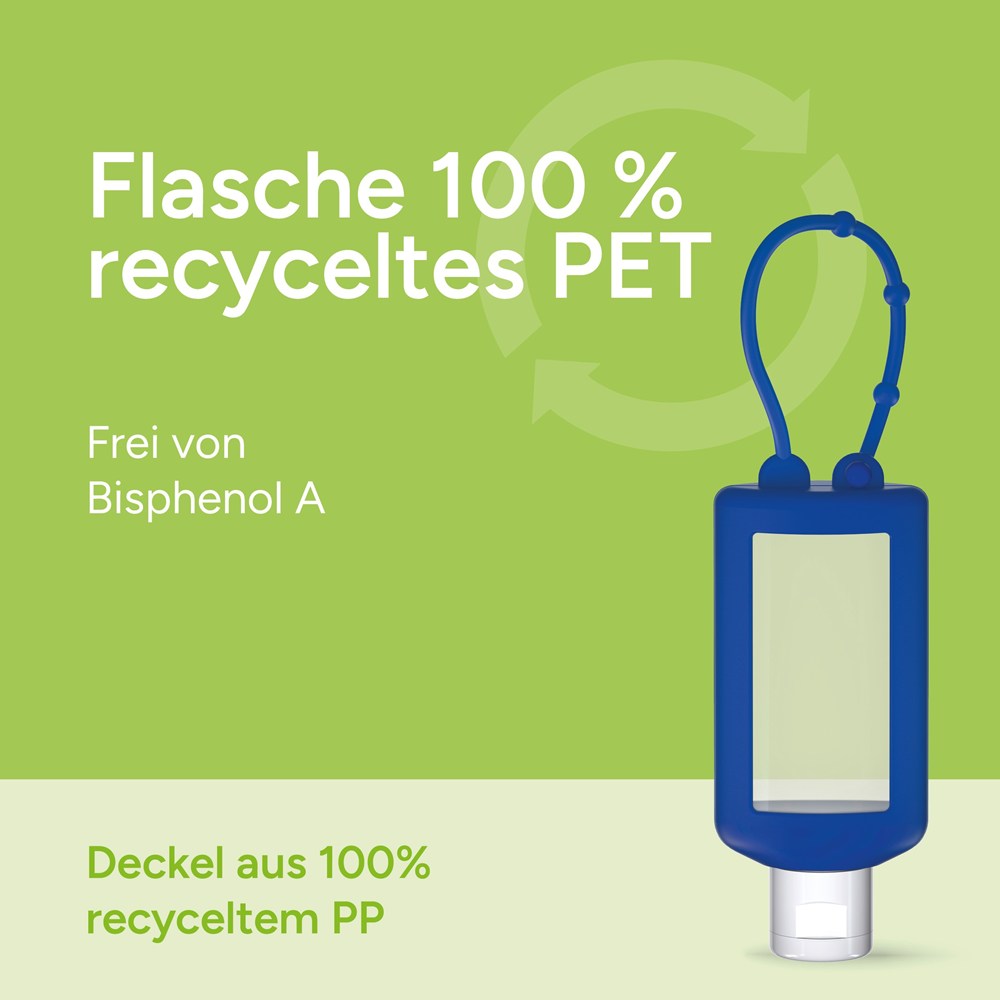 Hände-Desinfektionsgel (DIN EN 1500), 50 ml Bumper blau, Body Label (R-PET)